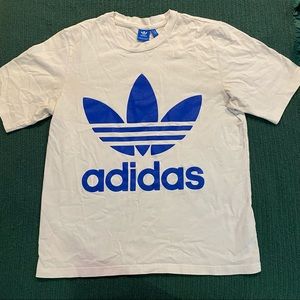Oversized White Adidas Tee w/ Blue Trefoil Logo Puff Print